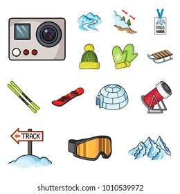 Ski resort and equipment cartoon icons in set collection for design. Entertainment and recreation vector symbol stock web illustration.