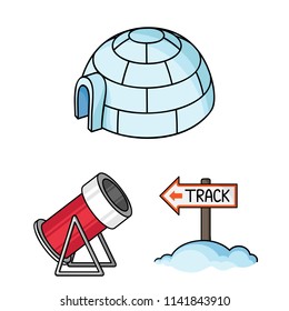 Ski resort and equipment cartoon icons in set collection for design. Entertainment and recreation vector symbol stock web illustration.