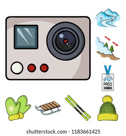 Ski resort and equipment cartoon icons in set collection for design. Entertainment and recreation vector symbol stock web illustration.