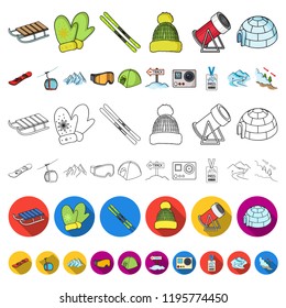 Ski resort and equipment cartoon icons in set collection for design. Entertainment and recreation vector symbol stock web illustration.