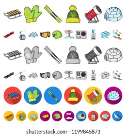 Ski resort and equipment cartoon icons in set collection for design. Entertainment and recreation vector symbol stock web illustration.