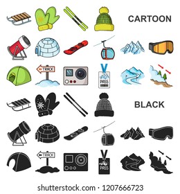 Ski resort and equipment cartoon icons in set collection for design. Entertainment and recreation vector symbol stock web illustration.