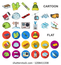 Ski resort and equipment cartoon icons in set collection for design. Entertainment and recreation vector symbol stock web illustration.