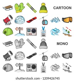 Ski resort and equipment cartoon icons in set collection for design. Entertainment and recreation vector symbol stock web illustration.