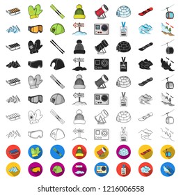 Ski resort and equipment cartoon icons in set collection for design. Entertainment and recreation vector symbol stock web illustration.