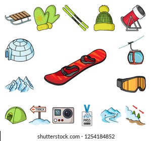 Ski resort and equipment cartoon icons in set collection for design. Entertainment and recreation vector symbol stock web illustration.