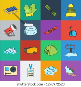 Ski resort and equipment cartoon icons in set collection for design. Entertainment and recreation vector symbol stock web illustration.