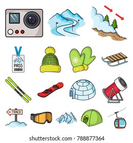 Ski resort and equipment cartoon icons in set collection for design. Entertainment and recreation vector symbol stock web illustration.