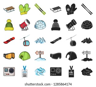 Ski resort and equipment cartoon,black icons in set collection for design. Entertainment and recreation vector symbol stock web illustration.