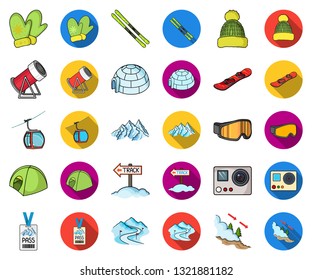 Ski resort and equipment cartoon,flat icons in set collection for design. Entertainment and recreation vector symbol stock web illustration.