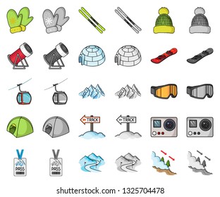 Ski resort and equipment cartoon,monochrom icons in set collection for design. Entertainment and recreation vector symbol stock web illustration.