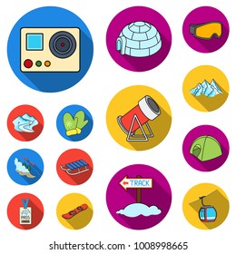 Ski resort and equipment flat icons in set collection for design. Entertainment and recreation vector symbol stock web illustration.