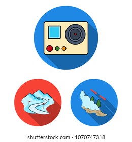 Ski resort and equipment flat icons in set collection for design. Entertainment and recreation vector symbol stock web illustration.
