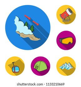 Ski resort and equipment flat icons in set collection for design. Entertainment and recreation vector symbol stock web illustration.