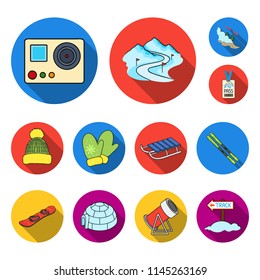Ski resort and equipment flat icons in set collection for design. Entertainment and recreation vector symbol stock web illustration.