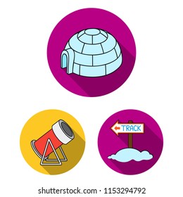 Ski resort and equipment flat icons in set collection for design. Entertainment and recreation vector symbol stock web illustration.