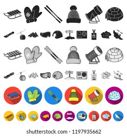 Ski resort and equipment flat icons in set collection for design. Entertainment and recreation vector symbol stock web illustration.