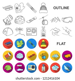 Ski resort and equipment flat icons in set collection for design. Entertainment and recreation vector symbol stock web illustration.