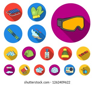 Ski resort and equipment flat icons in set collection for design. Entertainment and recreation vector symbol stock web illustration.