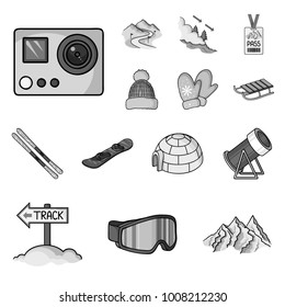Ski resort and equipment monochrome icons in set collection for design. Entertainment and recreation vector symbol stock web illustration.