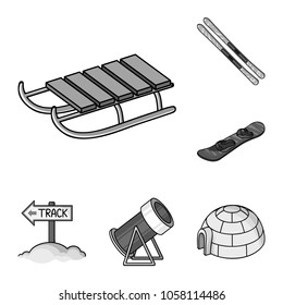 Ski resort and equipment monochrome icons in set collection for design. Entertainment and recreation vector symbol stock web illustration.