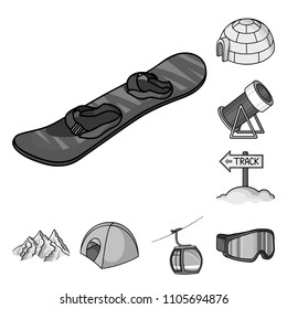 Ski resort and equipment monochrome icons in set collection for design. Entertainment and recreation vector symbol stock web illustration.