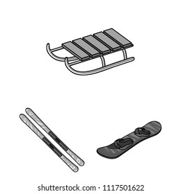 Ski resort and equipment monochrome icons in set collection for design. Entertainment and recreation vector symbol stock web illustration.