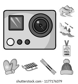 Ski resort and equipment monochrome icons in set collection for design. Entertainment and recreation vector symbol stock web illustration.