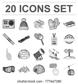 Ski resort and equipment monochrome icons in set collection for design. Entertainment and recreation vector symbol stock web illustration.