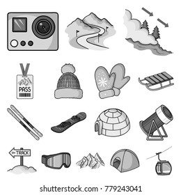 Ski resort and equipment monochrome icons in set collection for design. Entertainment and recreation vector symbol stock web illustration.