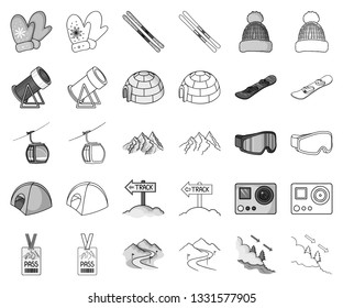 Ski resort and equipment monochrome,outline icons in set collection for design. Entertainment and recreation vector symbol stock web illustration.