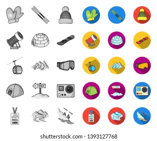 Ski resort and equipment mono,flat icons in set collection for design. Entertainment and recreation vector symbol stock web illustration.