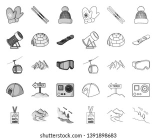 Ski resort and equipment mono,outline icons in set collection for design. Entertainment and recreation vector symbol stock web illustration.