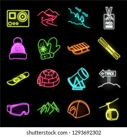 Ski resort and equipment neon icons in set collection for design. Entertainment and recreation vector symbol stock web illustration.