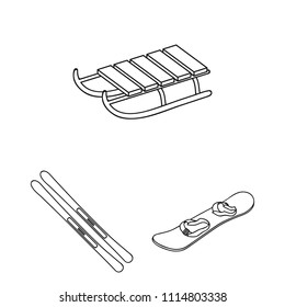 Ski resort and equipment outline icons in set collection for design. Entertainment and recreation vector symbol stock web illustration.