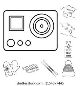 Ski resort and equipment outline icons in set collection for design. Entertainment and recreation vector symbol stock web illustration.