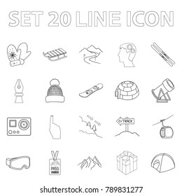 Ski resort and equipment outline icons in set collection for design. Entertainment and recreation vector symbol stock web illustration.