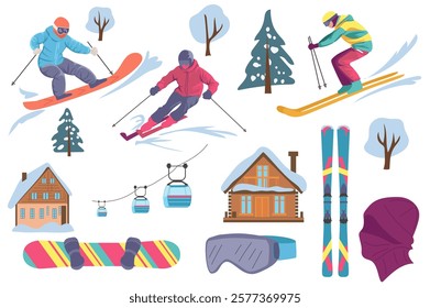 Ski resort equipment set in flat graphic design. Collection elements of skis, snowboard, cable car, glasses mask, village houses, forest trees, extreme sports characters, other. Vector illustration.