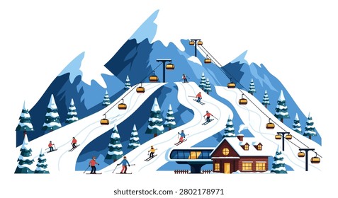 Ski resort flat illustration. Vector stock