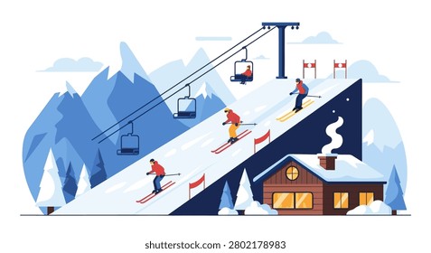 Ski resort flat illustration. Vector stock
