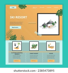 Ski resort flat landing page website template. Clothing optional resort, forest resort, safari. Web banner with header, content and footer. Vector illustration.