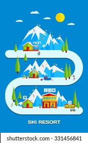 Ski resort. Flat vector illustration with skiers, snowboarders, the resort infrastructure.