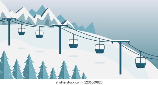 A ski resort with a funicular with cabins. Flat style. Mountain landscape.