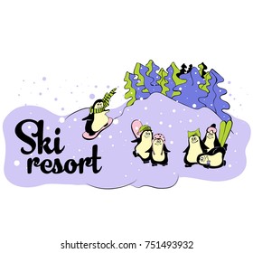 Ski resort with funny penguins