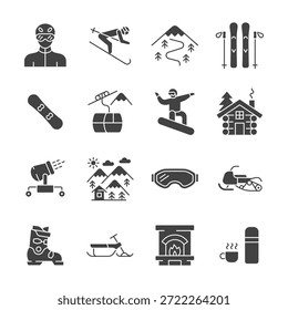 Ski resort glyph icons vector set. Outdoor recreation, extreme sport, and mountain vacation concept with skier, snowboarder, ski lift, skis, snowmobile, snow cannon, snowboard.