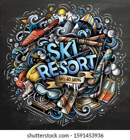 Ski Resort hand drawn cartoon doodles illustration. Funny objects and elements poster design. Cold season outdoor activities elements and objects cartoon background.