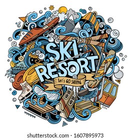 Ski Resort hand drawn cartoon doodles illustration. Funny objects and elements poster design. Cold season outdoor activities elements and objects cartoon background.