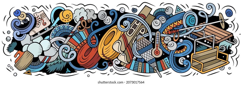 Ski Resort hand drawn cartoon doodles illustration. Winter Sports funny objects and elements poster design. Creative background. Colorful vector banner