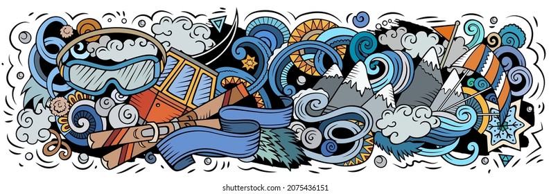 Ski Resort hand drawn cartoon doodles illustration. Winter Sports funny objects and elements poster design. Creative background. Colorful vector banner