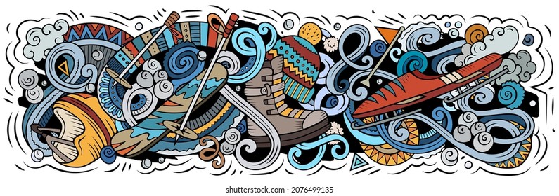 Ski Resort hand drawn cartoon doodles illustration. Winter Sports funny objects and elements poster design. Creative background. Colorful vector banner